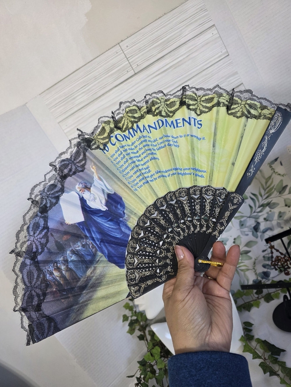 Fabric and Lace Folding Hand Fan 10 Commandments with Moses